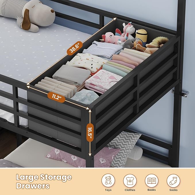 BTHFST Triple Bunk Bed Twin Size with House, 4 Storage Drawers, Charging Station and LED Lights, Metal Kids Bunk Bed with 13.4" H Safety Guardrail and Play Curtain, DIY House Shaped Bed, Black