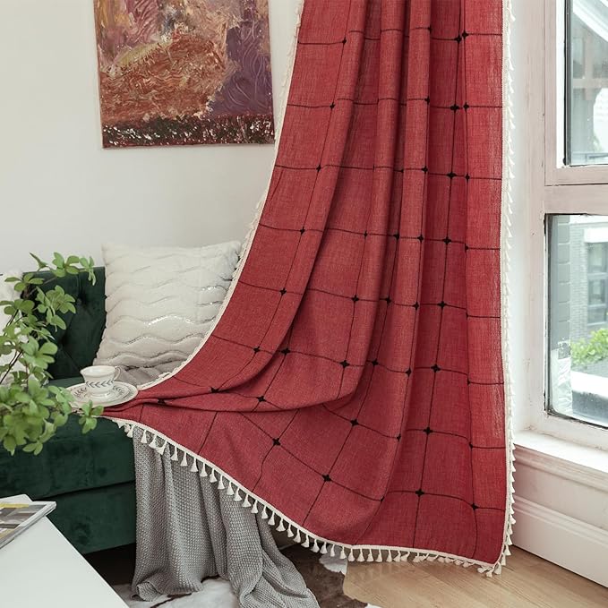 Deeprove Red Boho Curtains for Bedroom 63 Inches Long, Burgundy Checkered Bohemian Chic Textured Embroidery Plaids, Vintage Handmade Tassels Country Xmas Christmas Decor Drapery, 1 Panel W52 x L63