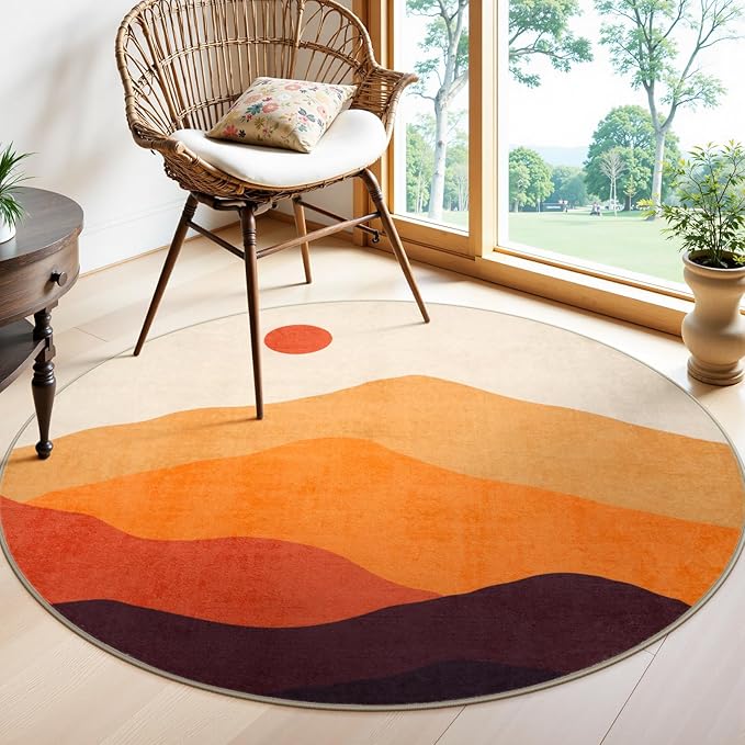Sunset Round Rug 4ft, Orange Round Bathroom Rug Non Slip Washable Circle Rug for Entryway, Soft Circular Bedroom Rugs Abstract Throw Carpet for Living Room Dining Room