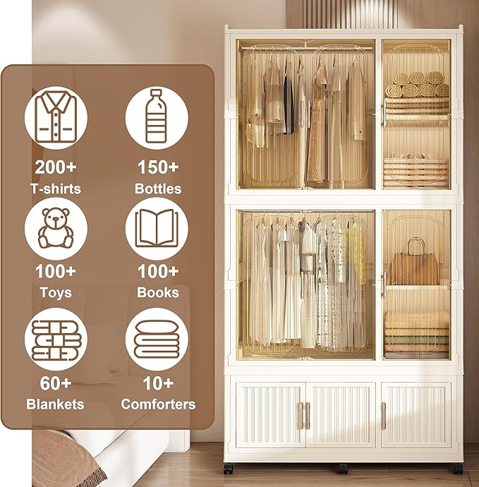 Portable Closet Wardrobe, Foldable Clothes Organizer with 9 Cubes Storage, Easy Assemble Clothing Organizer with Magnet Doors, Wardrobe Storage Cabinet for Kids,Baby,Adult (36" L x 77" H)