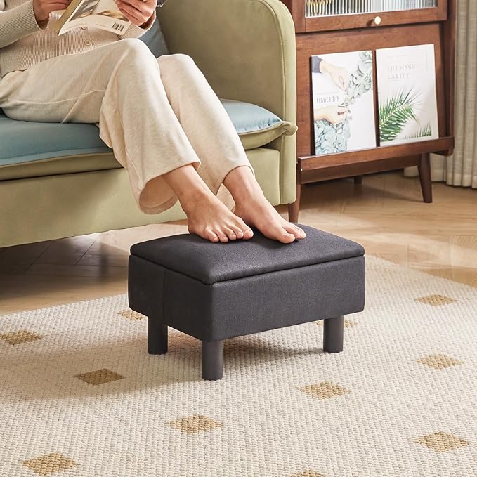 IBUYKE Storage Ottoman Footrest Stool with Linen Fabric, Rectangular, Flip Top Lid, Non-Slip Feet, Compact Design, Stylish and Functional, Black RF-BD220