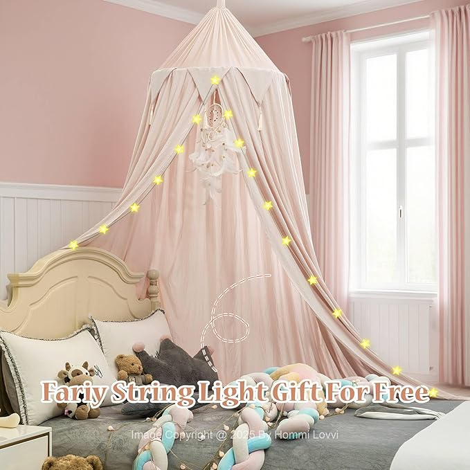 Princess Bed Canopy for Girls, Dreamy Tassels Ceiling Canopy Net Kids Room Decor Soft Nursery Crib Canopy Reading Nook, Large Children Canopies Full Queen Size with Lights - Light Pink
