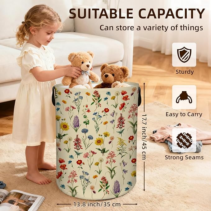 Flower Laundry Hamper, Waterproof Laundry Basket for Bedroom, 43L Round Collapsible Nursery Hamper Storage Bin with Handles for Toys, Storage Basket for Boy Girls, Room Decor, 13.8x17.7 in