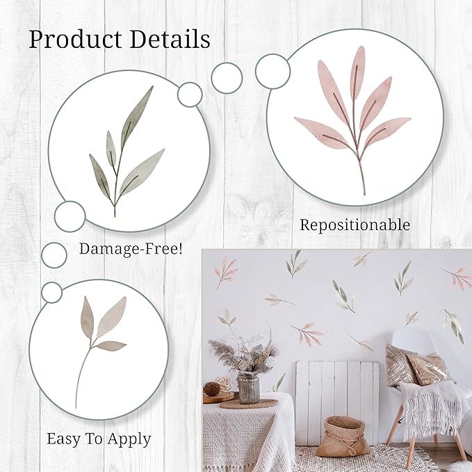 Watercolor Greenery Wall Decals - Set of 22 Leaves Vinyl Flower Room Decor Peel and Stick Removable Floral Stickers for Nursery Bedroom Bathroom