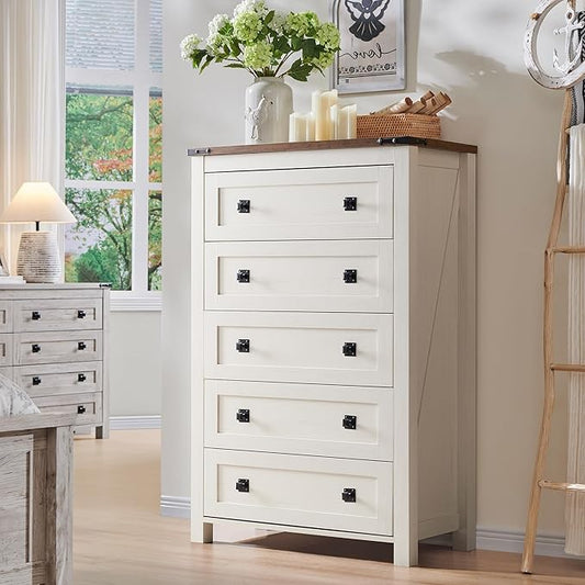 T4TREAM Farmhouse 5 Drawers Dresser Chests for Bedroom, Wood Rustic Tall Chest of Drawers, Dressers Organizer for Bedroom, Living Room, Hallway, Antique White