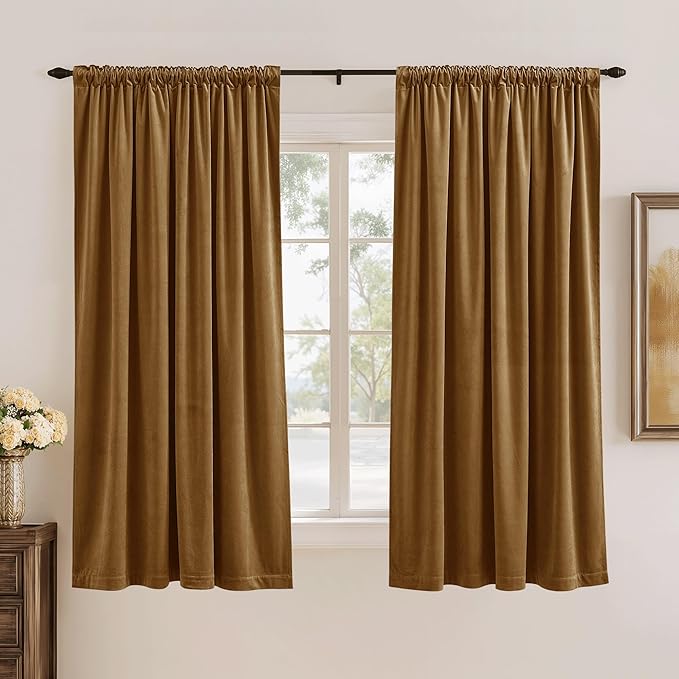 StangH Velvet Curtains, Gold Brown Curtains, Thermal Insulated Rod Pocket Back Tab Room Darkening Drapes for Bedroom, Living Room, Home Theater, 52 x 63 inches, 2 Panels