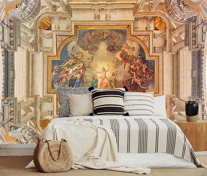 Gold Rome Church Ceiling Wallpaper Mural Renaissance Art Wall Mural Baroque Art Wall Decoration for Bedroom Living Room (Not Self-Adhesive)