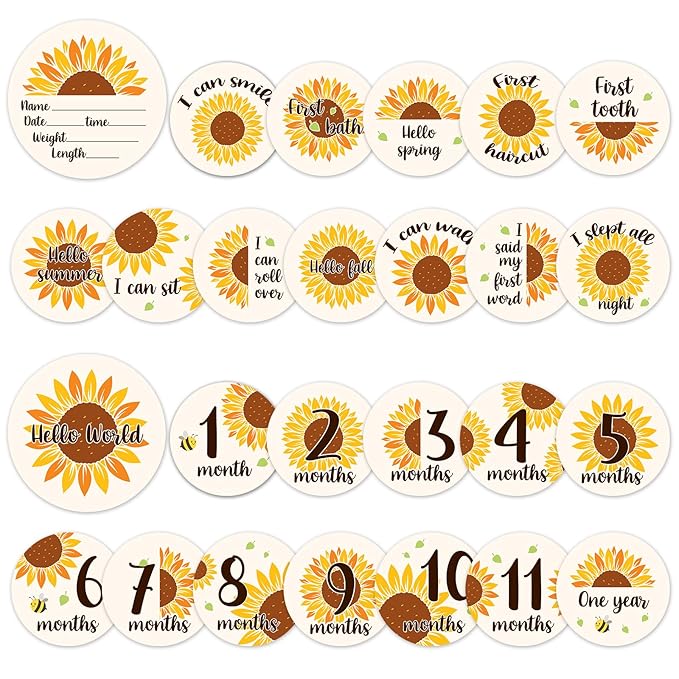 Baby Monthly Milestone Cards Sign - 13Pcs Double Sided Sunflower Milestone Markers, Flower Pattern Wooden Circles Discs Newborn Announcement Marker, Baby Shower Newborn Sign Photo Cards Gift Set