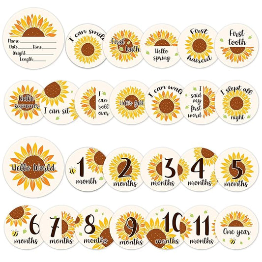 Baby Monthly Milestone Cards Sign - 13Pcs Double Sided Sunflower Milestone Markers, Flower Pattern Wooden Circles Discs Newborn Announcement Marker, Baby Shower Newborn Sign Photo Cards Gift Set