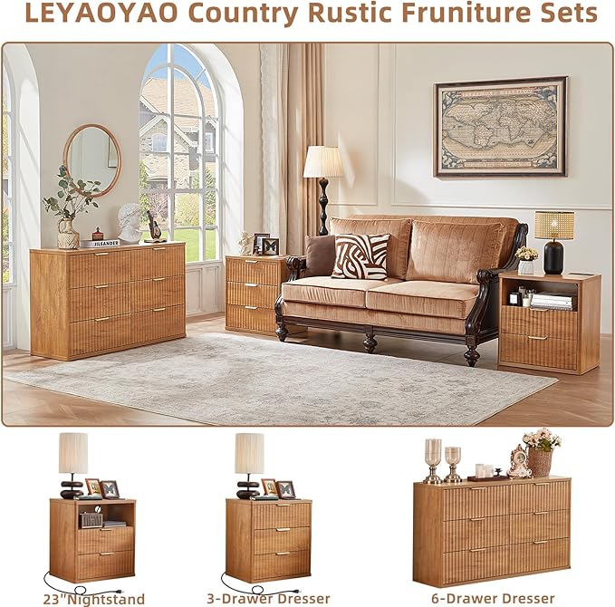 LEYAOYAO Fluted Farmhouse Nightstand Set of 2 with Charging Station, 23" Wide 2 & 3 Drawers Large End Table with Metal Handle, Brown Night Stand Bedside Table, Wood Dresser for Bedroom,Closet
