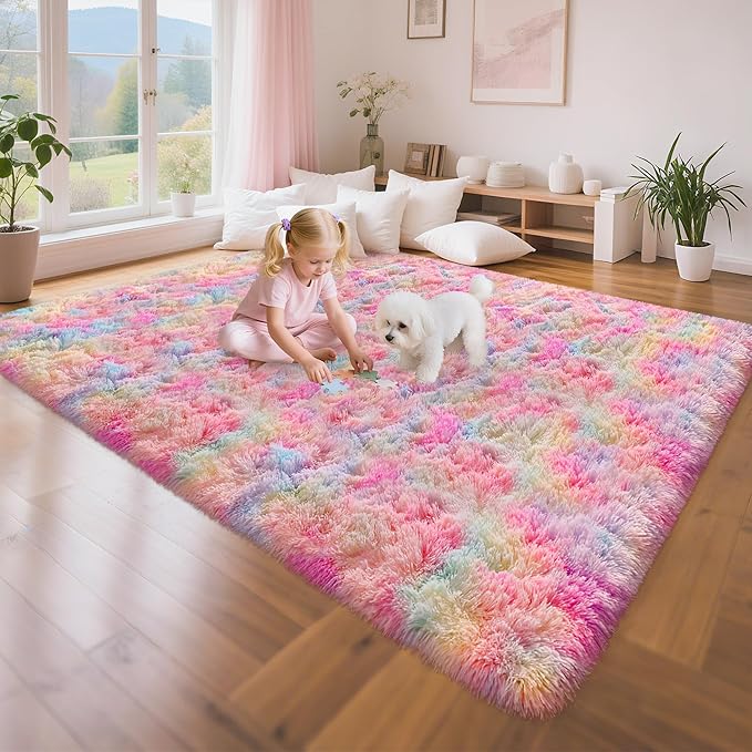 Rainbow Rugs 5x8 Ft Fluffy Plush Area Rugs for Girls Bedroom, Shaggy Rug for Kids Playroom, Kawaii Princess Fuzzy Rugs for Nursery Baby Toddler, Cute Colorful Room Decor for Girls Room