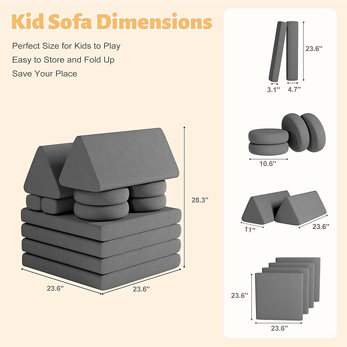 12 PCS Modular Kids Play Block Couch Child Sectional Soft Sofa Toddler Building Fortplay Climbing Bedroom Playroom Baby Convertible Floor Foam Cushion for Boys & Girls (car-Shaped-Dark-Grey)