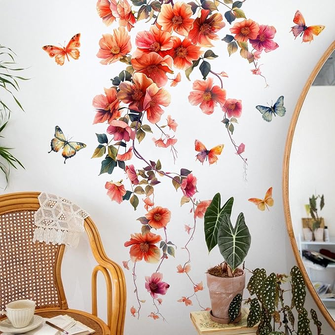 2 Sheets Removable Hanging Red Vine Flowers Wall Decal DIY Colorful Flying Butterfly Wall Decal Self-Adhesive Art Decor for Girls Room Living Room Bedroom Office TV Backdrop Home Decor