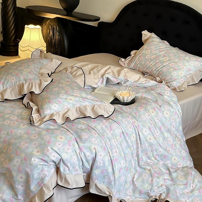HighBuy Cottagecore Floral Ruffle Duvet Cover Queen for Teen Girls,Coquette Bedding Ruffle Duvet Cover Set Shabby Chic Brushed Cotton Bedding Set Breathable Durable Luxury with Zipper