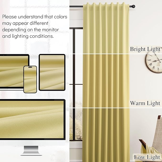 Guken Yellow Linen 100% Blackout Curtains 102 Inch Long for Living Room 2 Panels Linen Textured Light Blocking Thermal Insulated Back Tab Pinch Pleat Curtain Hooks Patio Drapes for Sliding Door 52x102