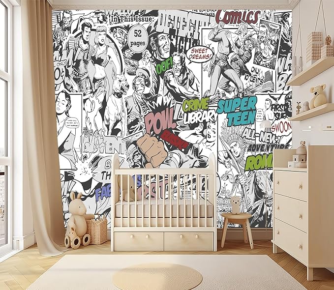 XMPMBM-Cartoon Hand-Painted Comics Nursery Room Fabric Wallpaper Kids Gaming Room Graffiti Bedroom Wall Mural-W 154" X H 105"（112 Square Foot）