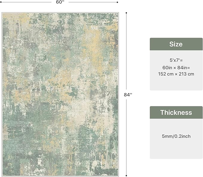 5x7 Area Rugs Washable Green Rug for Living Room Bedroom, Abstract Modern Large Rug Non Slip, Water Repellent Low Pile Soft Carpet for Dining Room, Grey Green