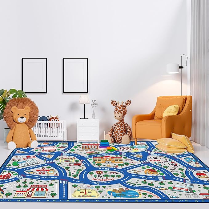 Tinideya Kids Carpet Playmat Rug Player Car Rug, 6 x 9 ft Traffic Map Mat Educational Game Area for Toddler Children Playroom Classroom Bedroom (City, Blue)