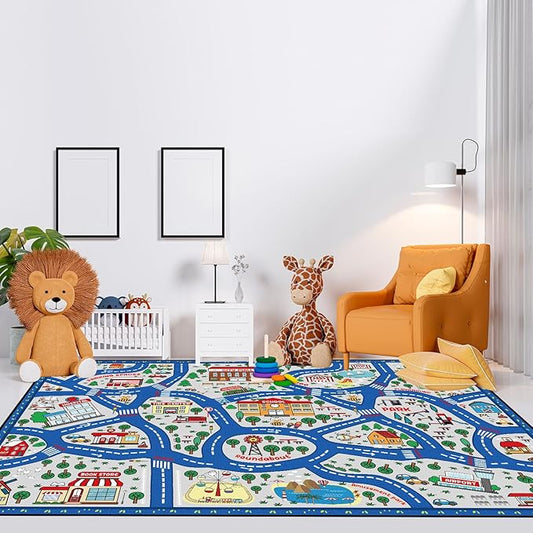 Tinideya Kids Carpet Playmat Rug Player Car Rug, 6 x 9 ft Traffic Map Mat Educational Game Area for Toddler Children Playroom Classroom Bedroom (City, Blue)