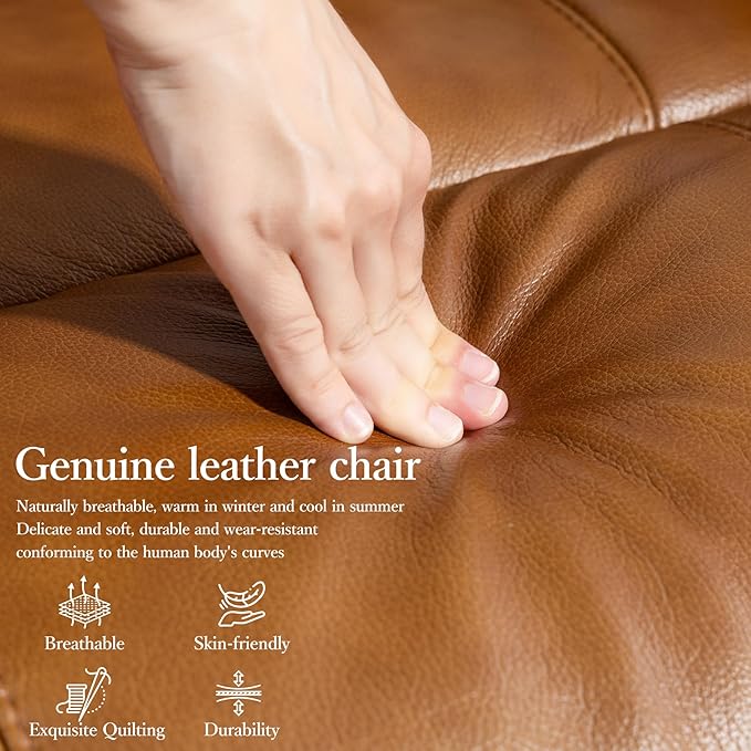 Genuine Leather Power Swivel Recliner Chair, Glider Electric Rocking Chair for Adults. Nursery Rocker Sofa Chair with Adjustable Headrest for Living Room. Wireless Charging/Type-C&USB, Brown