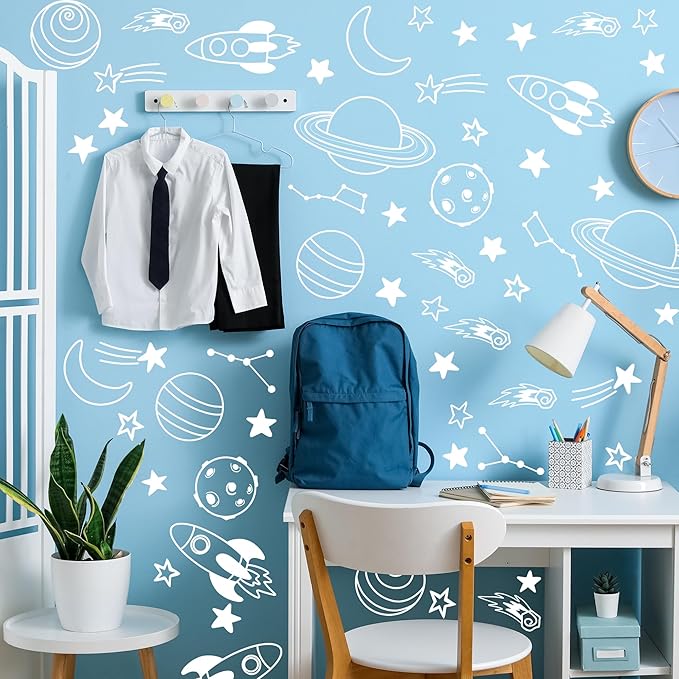 Space Wall Decals,Outer Space Stars Wall Sticker,Planets, Shooting Stars,Rocket Self-Adhesive Mural，Removable Planet Sticker for Living Room Baby Nursery Kids Room Wall Decoration