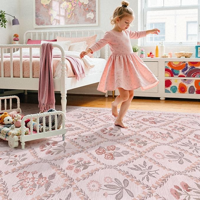 Nursery Rug for Baby Girl, 5x8 Washable Pink Rugs for Bedroom Girls, Soft Faux Wool Cute Pink Boho Floral Area Rugs for Living Room Kids Room Playroom, Pink Multi