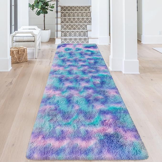 Shaggy Tie Dyed Light Purple Runner Rug 3x10 ft Bedside Area Rugs for Living Room, Anti-Skid Extra Comfy Fluffy Floor Carpet for Indoor Hallway Home Decorative