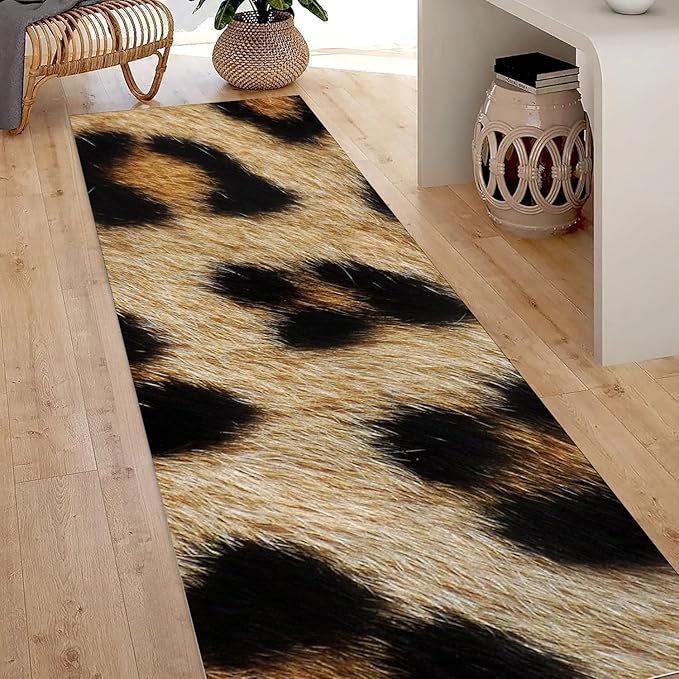 Faux Animal Skin Long Runner Rug 2X4ft Leopard Print Fluffy Soft Washable Hallway Rugs Wildlife Living Room Carpet Brown Carpets Hunting Lover Decor Dining Room Entrance Rugs