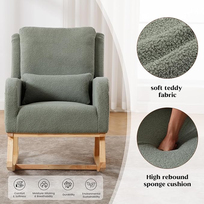 Rocking Chair Nursery, Sherpa Nursing Rocking Chairs, Upholstered Nursery Glider Rocker for Mom Nursery Morden Accent Rocking Chair with Lumbar Pillow for Living Room,Bedroom,Teddy Green