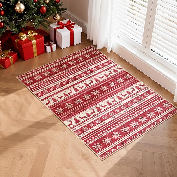 Area Rugs for Living Room Washable Living Room Rug Soft Neutral Indoor Floor Carpet Non-Slip Stain Resistant Modern Boho Rugs for Bedroom Dining Room Kids Room Nursery Office Home Red