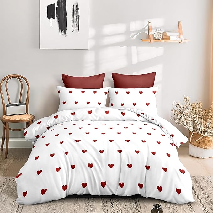 Red Duvet Cover Twin Size Heart Bedding Set Kids Boys Girls Cute Love Pattern Soft Breathable Reversible Fall Christmas Duvet Cover Set 2 Pieces with 1 Pillowcase