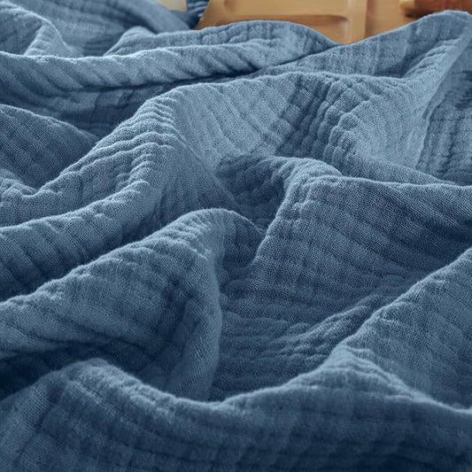 PHF 100% Cotton Muslin Blanket Twin XL Size 66"x90", 4-Layer Lightweight Gauze Throw, Breathable Cloud-Soft Minimalist Blanket for Bed, Couch, Camping & Baby, Denim Blue, Ideal Gift