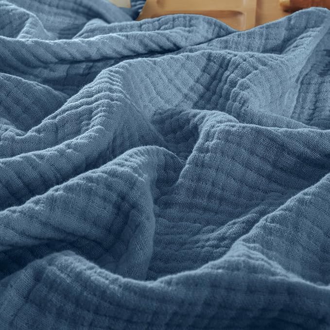 PHF 100% Cotton Muslin Throw XL Blanket Large 50" x 70", 4-Layer Lightweight Gauze Throw, Breathable Cloud-Soft Minimalist Blanket for Bed, Couch, Camping & Baby, Denim Blue, Ideal Gift
