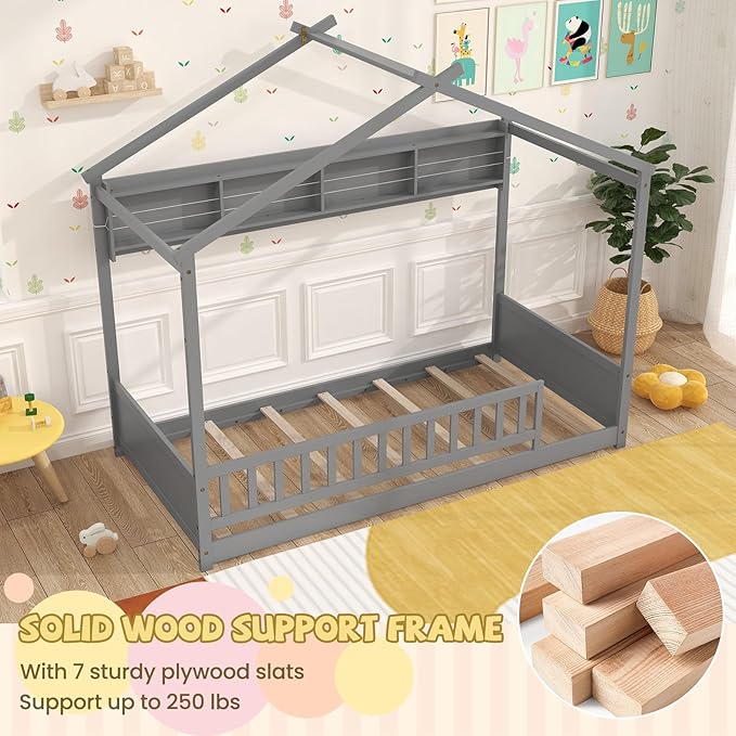 Giantex Twin Floor Bed with Storage Shelf, Wooden Bed Frames with Headboard & Guardrail, Montessori Floor Bed with Wooden Slat Support for Kids, Grey