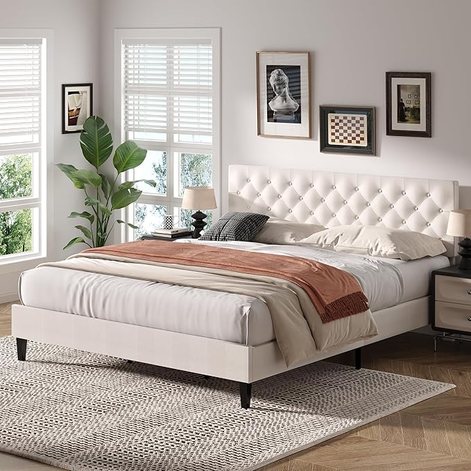 BarnFurin King Size Platform Bed Frame, Fabric Upholstered Bed with Button Tufted Headboard, Adjustable Headboard Design, Easy Assembly, No Box Spring Required, White