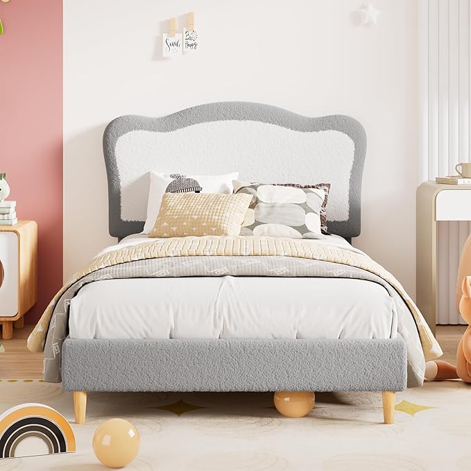 GarveeHome Upholstered Twin Bed Frame for Kids with Scallop Headboard, Cute Velvet Twin Bed for Girls, Boys, Sturdy Platform Bed, No Box Spring Needed, Wooden Slats, Noise Free, Grey White