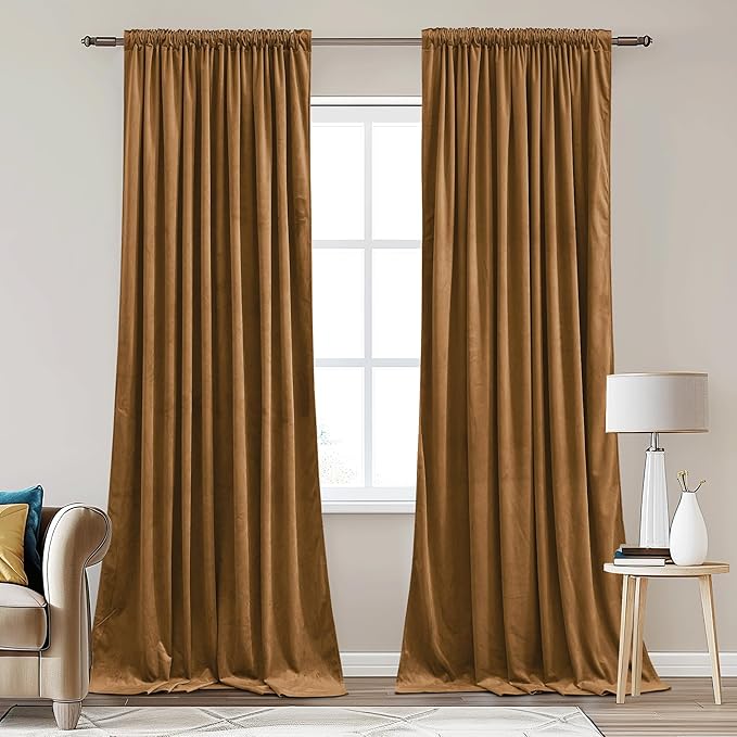 StangH Gold Brown Light Blocking Velvet Curtains 90 inches, Solid Back Tab Temperature Regulate Sliding Door Curtains for Wardrobe Noise Reducing for Bedroom, W62 x L90, 2 Panels