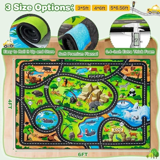 Kids Rug, 4x6 Ft Animal Car Rugs for Kids Toy Cars, Extra Thick (0.4in) - Non-Slip Zoo Road Rug Mat Carpet for Playroom & Bedroom, Educational Learning & Game Area