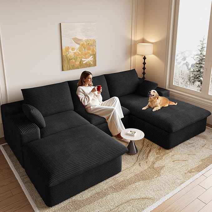 107" Cloud Modular Sectional Sofa with 1 Ottoman, Deep Seat Boneless Couch, Modern Upholstered Corduroy Couches, Comfort U Shaped Sofa for Living Room, No Assembly Required(Black,Right Facing Chaise)
