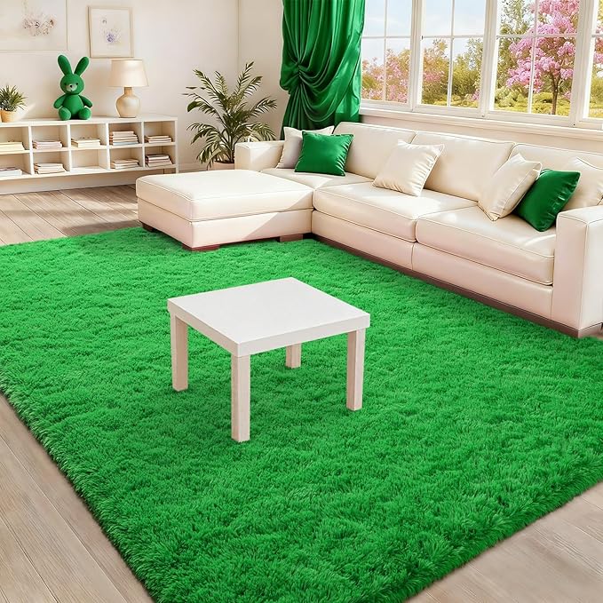 BENRON Green Fluffy Rugs for Living Room Bedroom 4x6, Soft Plush Fuzzy Shaggy Rugs for Kids Girls Boys Room Decor, Washable Indoor Floor Carpets