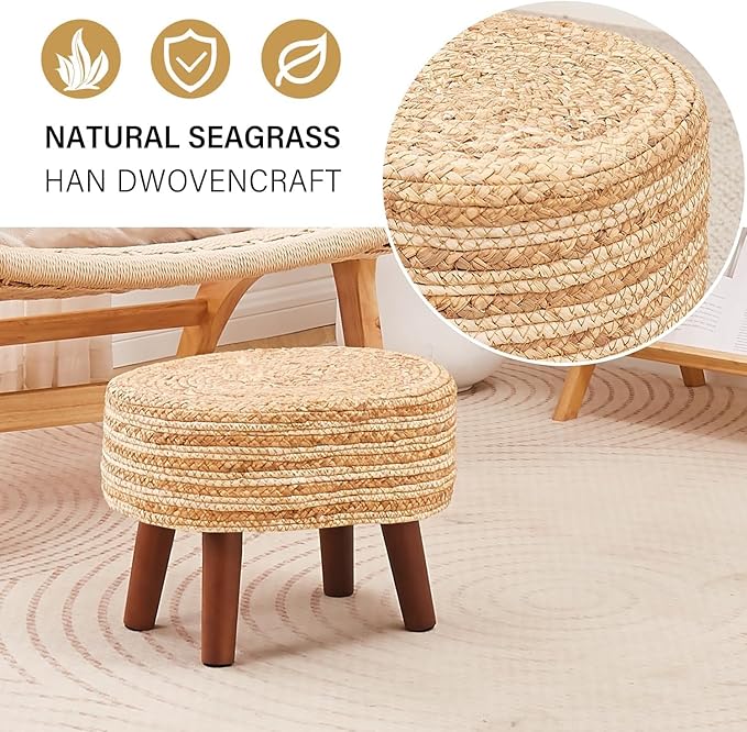 Cpintltr Round Ottoman Natural Seagrass Footstool Hand Weave Water Hyacinth Poufs Eco Friendly Sofa Foot Stool Soft Step Stool Padded Foot Rest with Pine Legs for Living Room (White and Solid)