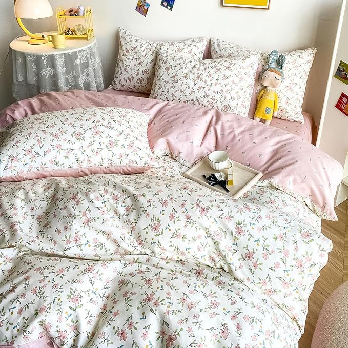 HIGHBUY Soft Cotton White Duvet Cover Queen with Pink Floral Print,Garden Style Botanical Comforter Zipper Closure,Cottagecore Set -1 Cover,2 Pillowcases, Queen(90''x90''), (HB03641Q)