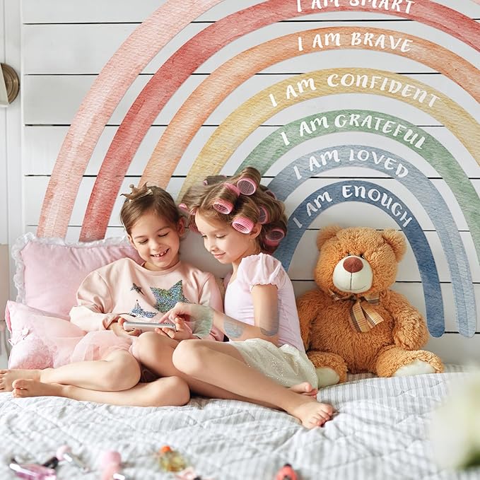 Tinideya 76.77x47.24'' Watercolor Large Rainbow Wall Decal Classroom Wall Decor with Inspirational Quote Peel and Stick Stickers Waterproof Wallpaper for Girls Kids Bedroom Nursery Playroom(Cute)