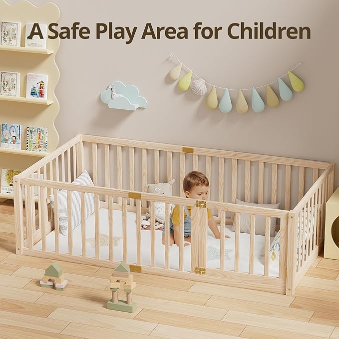 LLS Twin Size High Fence Floor Bed, Solid Wood Multifunctional Montessori Bed Frame with Door for Toddler Kids, Without Slats, Natural
