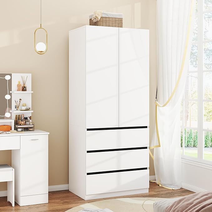 Armoire Wardrobe Closet with Drawers：75" Large White Wardrobe Closet Cabinet with 2 Doors for Hanging Clothes, Modern Wooden Bedroom Armoires with 3 Drawers and Storage (B-Style, 31.5")