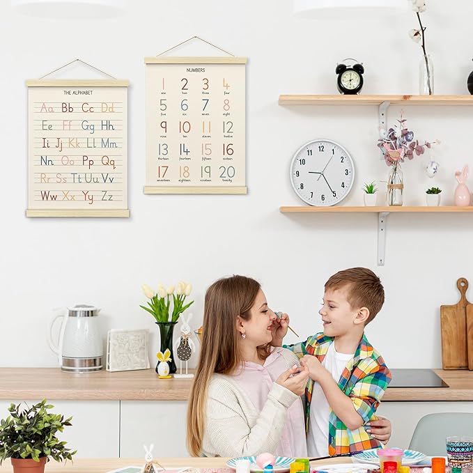 BONETAT Numbers alphabet poster for Nursery Toddlers, Play Room Wall Decor, ABC Wall Chart, Wall Hanging Decor for Toddler Playroom Decor Kids Wall Decor, Wooden Frame Alphabet Banner-A12