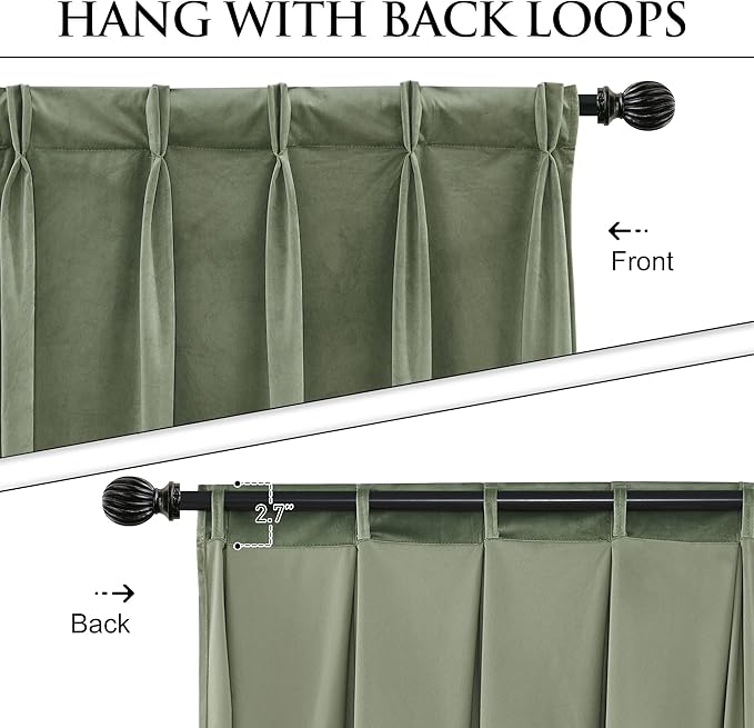 StangH Sage Green Pinch Pleated Velvet Curtains - Nursery Girls Bedroom Window Drapes Luxury Room Darkening Privacy Sliding Door Curtains for Living Room Office, W30 x L84, 2 Panels