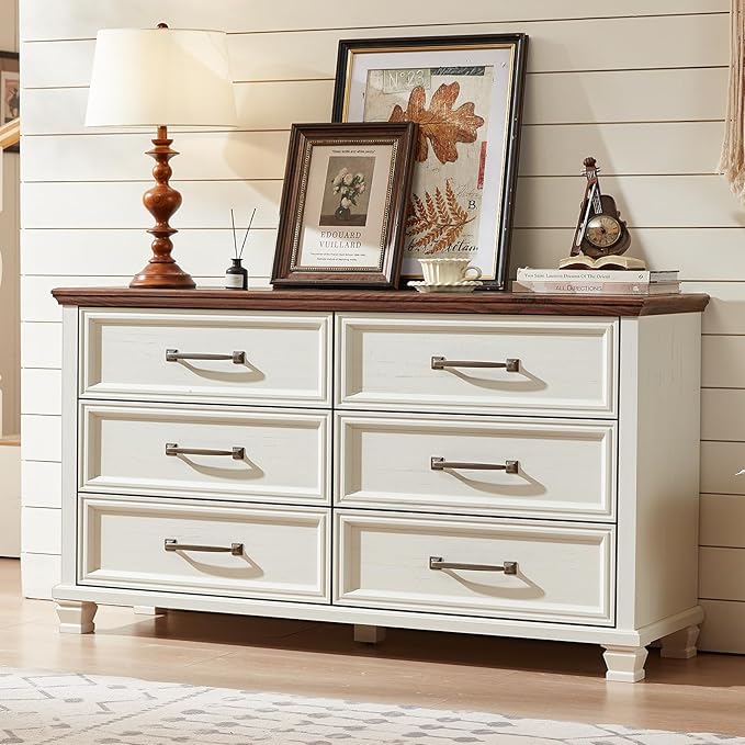 Farmhouse 6 Drawer Dresser for Bedroom, 54 inch Wide Large Vintage Chest of Drawers with Square Solid Wood Legs, Rustic TV Stand for Living Room, Wooden Storage Dressers for Hallway, White