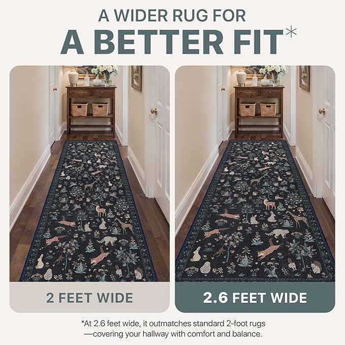 Runner Rug Non Slip 2'6''x 6', Floral Animal Print Rug Machine Washable Rug, Non Slip Low Pile Hallway Runner Carpet for Kitchen, Laundry, Bedroom, Bathroom, Black