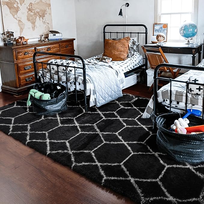 ONASAR Large Area Rugs for Living Room, 7x10 Black and White Rug, Boho Thick Floor Mat for Bedroom Home Decor Aesthetic, Soft Fuzzy Shaggy Plush Fluffy Geometric Carpet for Teen Dorm Classroom